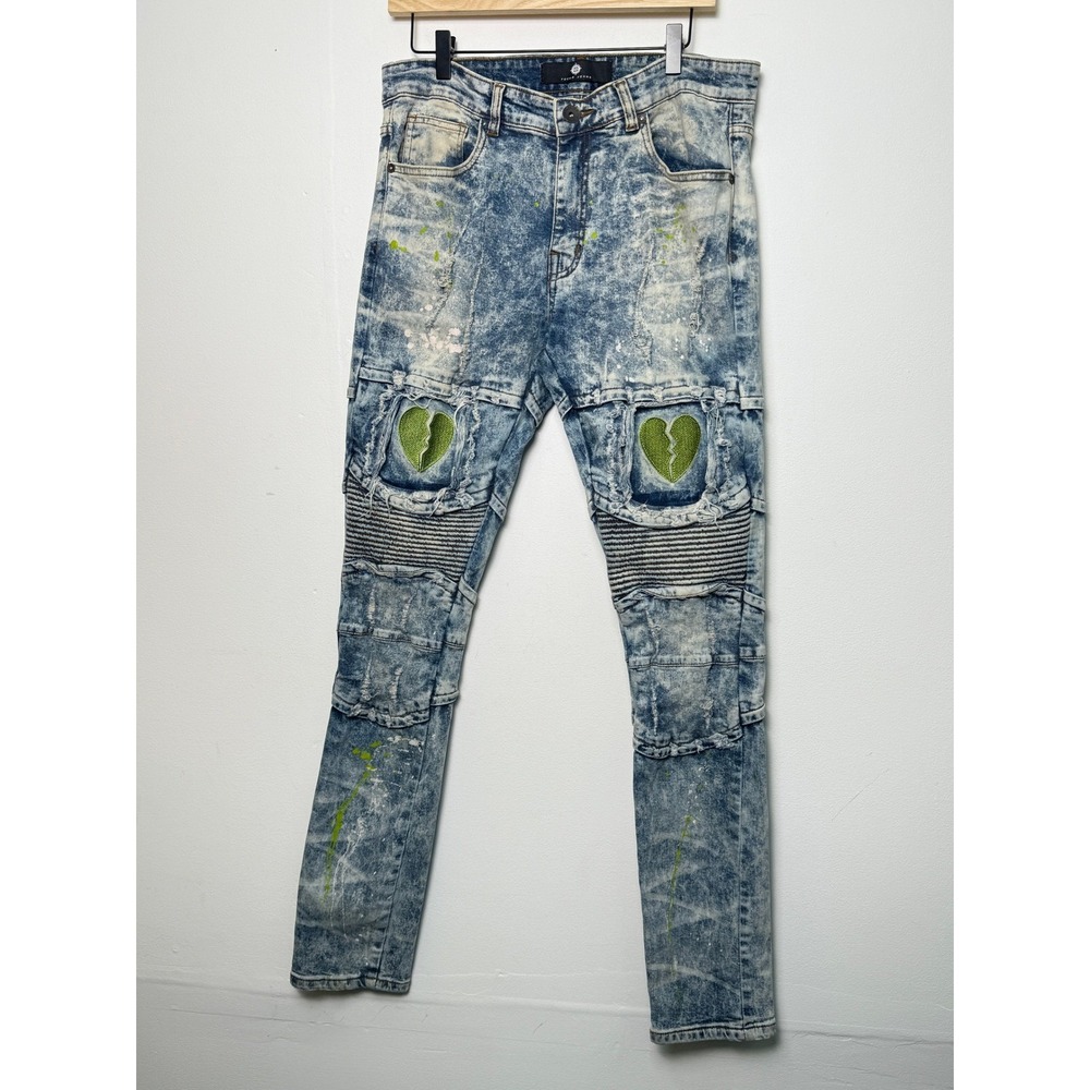 Mens 34x32 Acid Wash Skinny Jeans Broken Heart Paint Splatter Focus Jeans